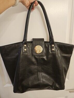 Classic Black Leather Tote with Turn-Lock Accent